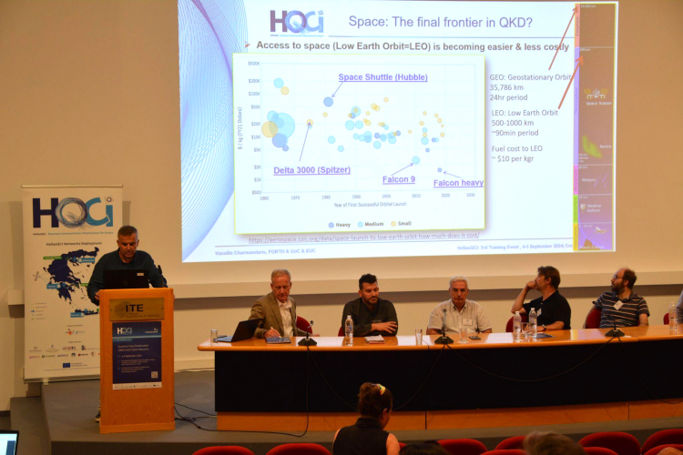 Panel on "Space: the final Frontier in QKD?" from left to right Wolf von Klitzing, Foundation for Research and Technology - Hellas, K. Katzis, representative of the National Quantum Communication Infrastructure of Cyprus (CYQCI), M. Xylouris, National Observatory of Athens, Ass.Prof. M. Tsiganis, Department of Physics, Aristotle University of Thessaloniki, Dr. G. Giannoulis, National Technical University of Athens - School of Electrical and Computer Engineering, V. Varelas, Raymetrics S.A., - panel moderator Prof. V. Charmandaris, University of Crete, Director of the Institute of Astrophysics at the Foundation for Research & Technology-Hellas and Director of the Skinakas Observatory.